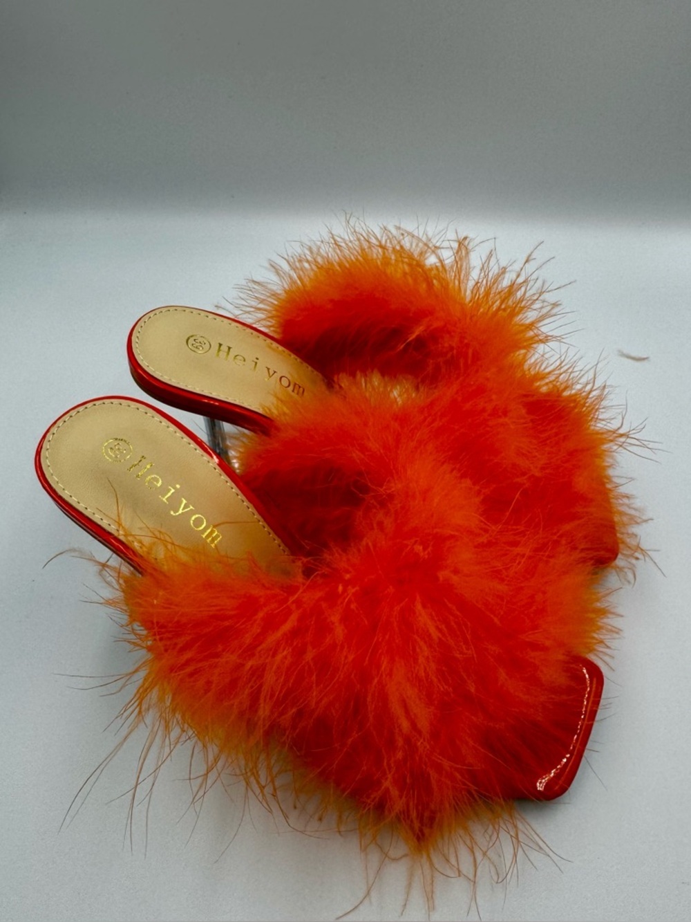 Heiyom Orange Faux Feather Marabou Mules | Clear Lucite Flare Heel US 8